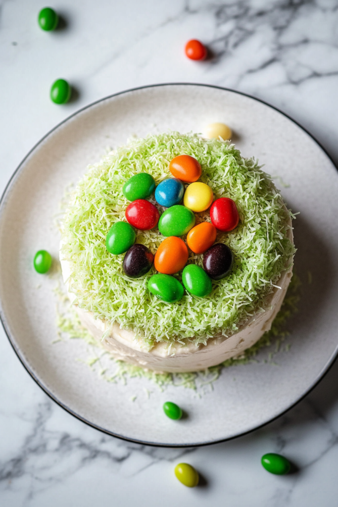This image shows a top-down view of the finished cake with green coconut scattered on top and jelly beans placed in the center on a white marble countertop.