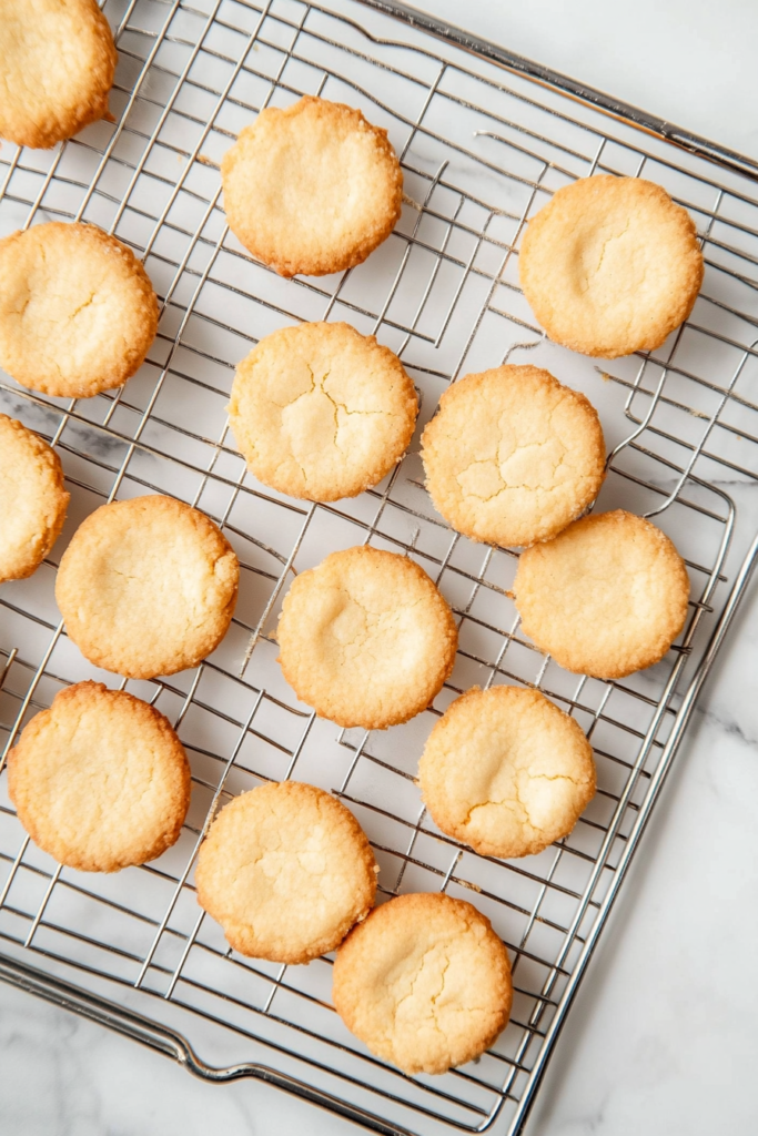 shortbread-cookies-arranged-This image shows a top-down view of golden shortbread cookies arranged on a silver wire cooling rack set on a white marble countertop, cooling completely with no background clutter.on-wire-cooling-rack-on-white-marble