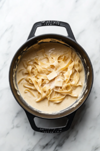 adding-flat-spaghetti-to-creamy-sauce-in-black-dutch-oven-on-white-marble-cooktop