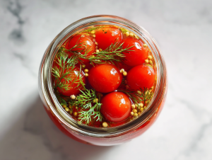 beautiful-topdown-shot-of-homemade-pickled-cherry-tomatoes-in-glass-jar-on-marble