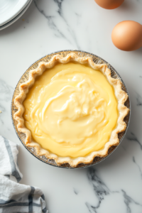 This image shows custard batter poured into an unbaked pie crust inside a silver pan, sitting on a white marble cooktop.