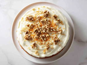 finished-two-layer-moist-carrot-cake-with-cream-cheese-frosting-on-white-marble