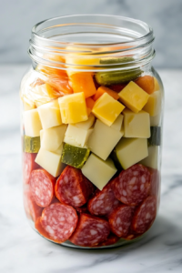 fully-layered-glass-jar-cheese-salami-pickles-bell-peppers-on-white-marble
