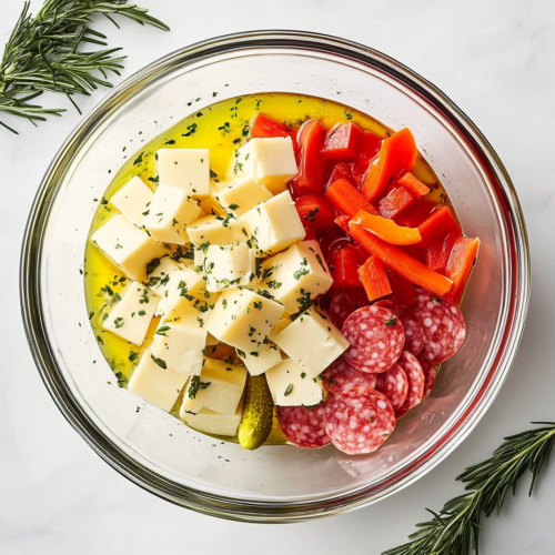 marinated-cheese-appetizer-layered-in-glass-jar-white-marble-countertop-2