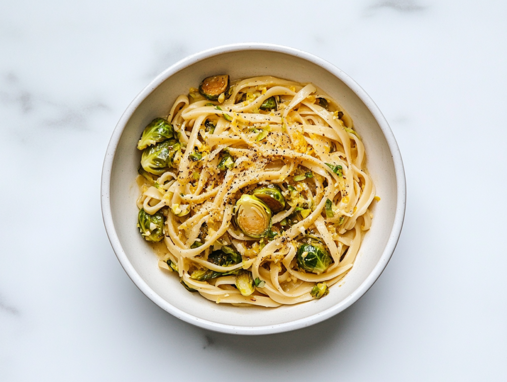 vegan-creamy-garlic-brussels-sprouts-flat-spaghetti-in-white-bowl-on-white-marble