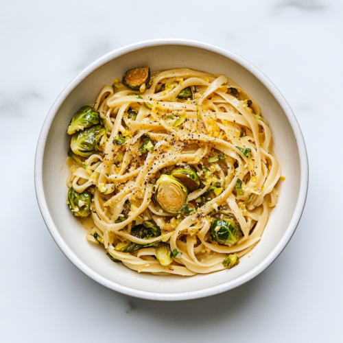 vegan-creamy-garlic-brussels-sprouts-flat-spaghetti-in-white-bowl-on-white-marble