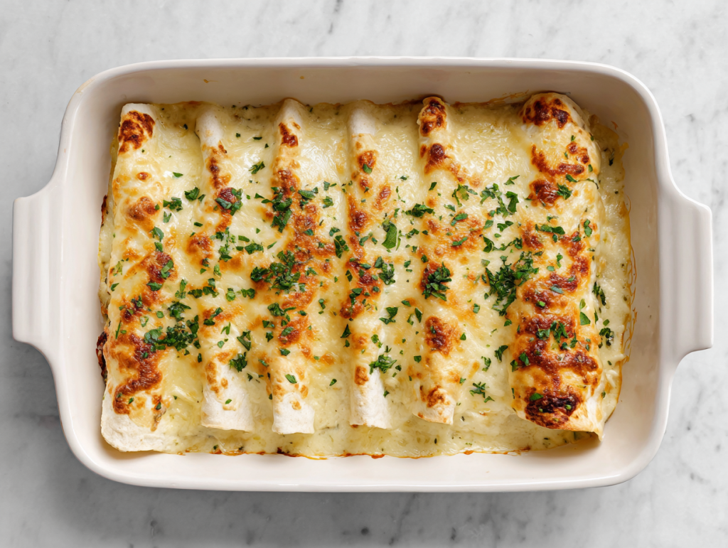 white-chicken-enchiladas-featured-top-down-baked-cheesy